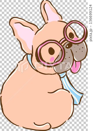 Cute French Bulldog Work From Home Wearing Glasses and Tie Cartoon Hand Drawn 136699124