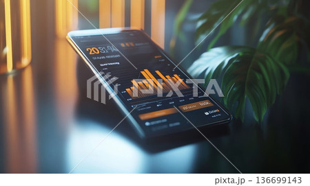 Futuristic Smartphone Display with Glowing Data Analytics 136699143
