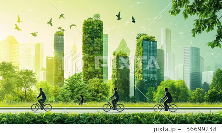 Urban Future Harmony: Cyclists Among Green Architecture in a Modern City Urban Future Harmony: Cyclists Among Green Architecture in a Modern City 136699238