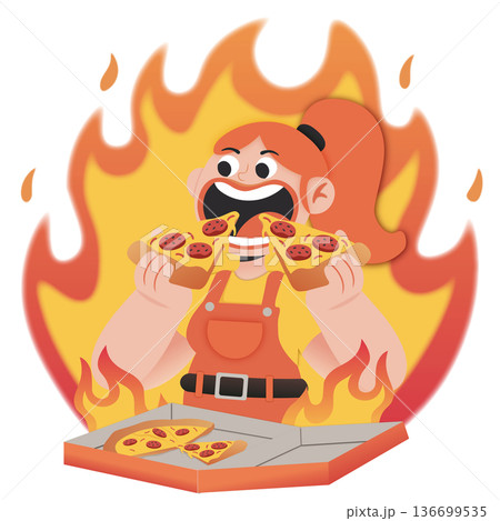 Fiery cartoon character with flames devouring a spicy pizza slice with pepperoni and chili peppers, vector illustration for food fun Fiery cartoon character with flames devouring a spicy pizza slice with pepperoni and chili peppers, vector illustration for food fun 136699535