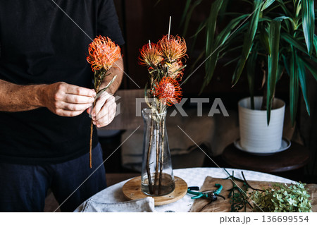 Person arranges bright orange pincushion protea flowers in glass vase on table. dark academia florals, cottagecore flower styling, moody romantic bouquets, vintage botanical aesthetics. Person arranges bright orange pincushion protea flowers in glass vase on table. dark academia florals, cottagecore flower styling, moody romantic bouquets, vintage botanical aesthetics. 136699554