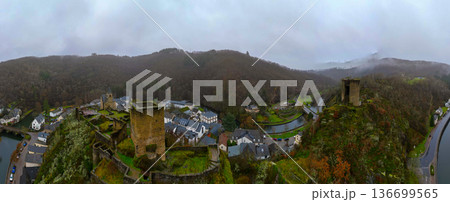 Esch-Sur-Sure, Wiltz, Grand Duche De Luxembourg, December 7, 2025, Cliffside Ruins Panoramic Outlook Esch-Sur-Sure, Wiltz, Grand Duche De Luxembourg, December 7, 2025, Cliffside Ruins Panoramic Outlook 136699565