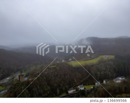 Esch-Sur-Sure, Wiltz, Grand Duche De Luxembourg, December 7, 2025, Quiet Rural Valley With Scattered Esch-Sur-Sure, Wiltz, Grand Duche De Luxembourg, December 7, 2025, Quiet Rural Valley With Scattered 136699566
