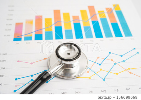 Stethoscope on chart or graph paper, Financial, account, statistics and business data medical health. Stethoscope on chart or graph paper, Financial, account, statistics and business data medical health. 136699669
