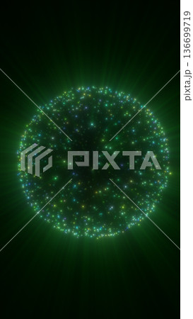 Glowing green particle sphere with radiant light rays on dark background, futuristic energy concept Glowing green particle sphere with radiant light rays on dark background, futuristic energy concept 136699719