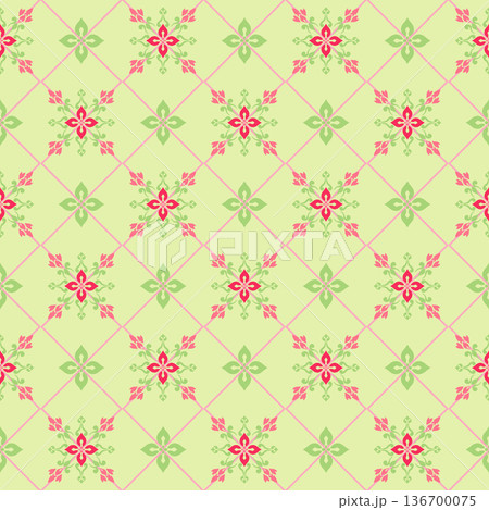 Geometric Damask Seamless Pattern with Pink Floral Ornaments and Grid Geometric Damask Seamless Pattern with Pink Floral Ornaments and Grid 136700075