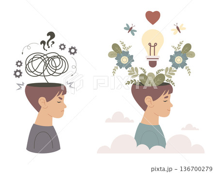 Mental Health. Stress vs Insight and Mind Clarity. Young Man Comparison of Overload with Tangled Thoughts vs Creative Inspiration with Lightbulb, Flowers and Butterflies. Vector Illustration. Not AI 136700279