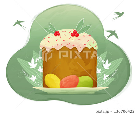 Easter cake with painted eggs, postcard Easter cake with painted eggs, postcard 136700422