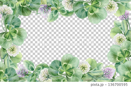 White and lilac clover flowers and leaves in frame template,symbolizing bloom,new life,and luck for newlyweds.Soft watercolor for wedding,invites,joyful seasonal festive of St Patricks Day White and lilac clover flowers and leaves in frame template,symbolizing bloom,new life,and luck for newlyweds.Soft watercolor for wedding,invites,joyful seasonal festive of St Patricks Day 136700595