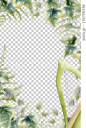 Fern leaves,ivy twigs in corner frame of mysterious,green wooden harp,iconic national symbol of Ireland,Saint Patricks Day.Watercolor,woodland branding,magical storytelling,forest themed card template Fern leaves,ivy twigs in corner frame of mysterious,green wooden harp,iconic national symbol of Ireland,Saint Patricks Day.Watercolor,woodland branding,magical storytelling,forest themed card template 136700596