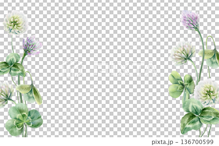 Template of delicate bouquet of Shamrock leaves,white,lilac flowers,symbol of power in herbal medicine,womens health supplements.Illustration in soft watercolor textures for natural remedy branding Template of delicate bouquet of Shamrock leaves,white,lilac flowers,symbol of power in herbal medicine,womens health supplements.Illustration in soft watercolor textures for natural remedy branding 136700599