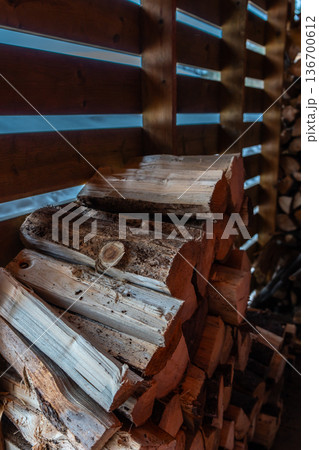Close-Up of Stacked Firewood in Winter Setting. 136700612