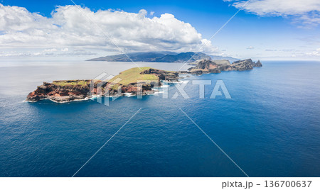 Aerial drone panorama faces Madeira from Ponta de Sao Lourenco, with volcanic cliffs Aerial drone panorama faces Madeira from Ponta de Sao Lourenco, with volcanic cliffs 136700637