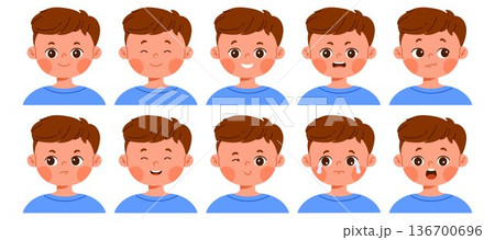 Set of cute boy character with different facial expressions. Child avatar with various emotions as happy, sad, surprised, angry, confused and smiling. Isolated vector illustration in cartoon style	 136700696