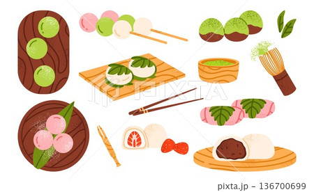 Set of different mochi: sakura, warabi mochi, dango, daifuku. Traditional Japanese sweet dessert. Asian rice cake. Healthy, organic sweets. Isolated vector illustration in cartoon style Set of different mochi: sakura, warabi mochi, dango, daifuku. Traditional Japanese sweet dessert. Asian rice cake. Healthy, organic sweets. Isolated vector illustration in cartoon style 136700699