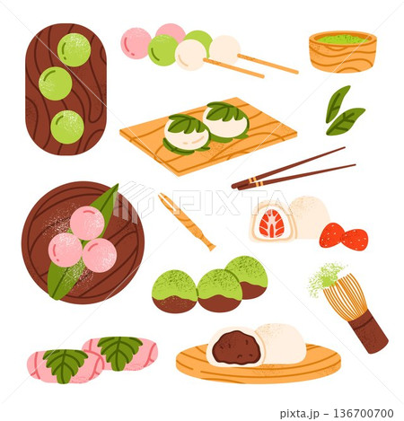 Set of different mochi: sakura, warabi mochi, dango, daifuku. Traditional Japanese sweet dessert. Asian rice cake. Healthy, organic sweets. Isolated vector illustration in cartoon style	 136700700