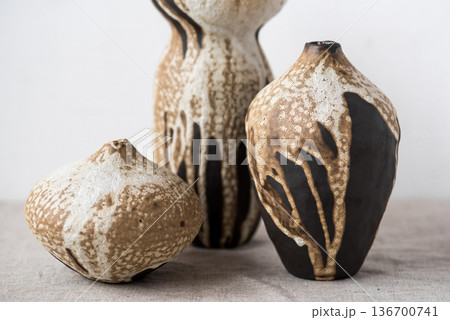 Handmade ceramics in the style of wabi sabi. 136700741