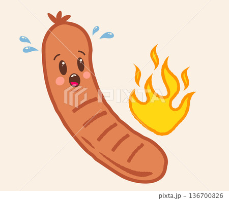 Vector illustration of a funny sausage with flame in retro groovy style. Cartoon of spicy sausagefor BBQ in vintage style. Vector illustration of a funny sausage with flame in retro groovy style. Cartoon of spicy sausagefor BBQ in vintage style. 136700826