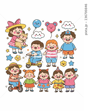 Joyful Cartoon Kids Playing and Having Fun Together 136700846