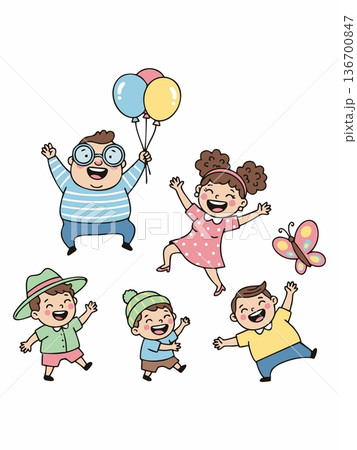 Happy Children Playing Together with Balloons and a Butterfly 136700847