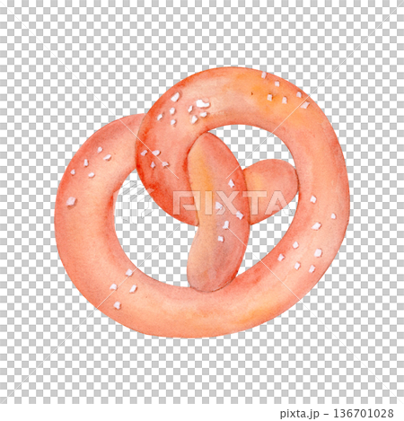 Soft baked pretzel with salt crystals, hand-painted watercolor illustration isolated on white. Traditional bakery snack perfect for cafe menus, Oktoberfest design, food packaging and branding projects 136701028