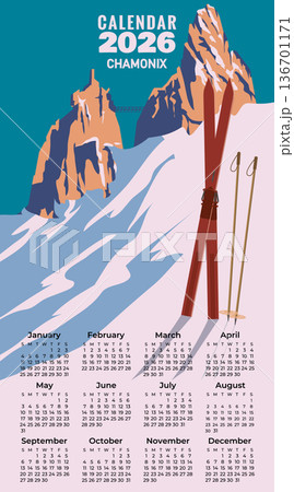 Monthly 2026 Calendar Vintage Travel poster Ski Chamonix resort. France winter landscape travel card 136701171