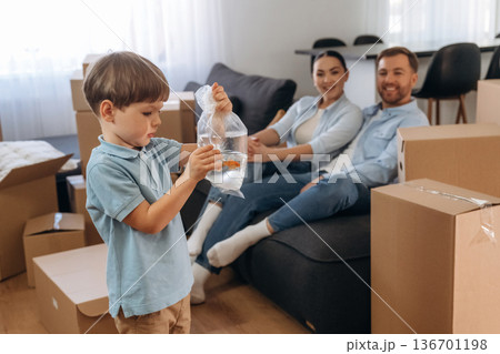 Looking at fish. Family of husband, wife and son are moving into new house 136701198