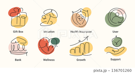 Benefit line art icon set with gift box, vacation, health insurance, wellness, growth and support. One line drawing vector illustration for employee benefits and perks concepts. 136701260