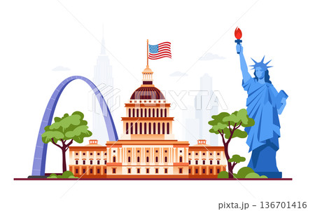 Capitol, Statue of Liberty and Gateway Arch - Colorful Flat Design Illustration Capitol, Statue of Liberty and Gateway Arch - Colorful Flat Design Illustration 136701416