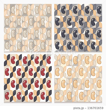 Set of seamless geometric patterns of kidney beans arranged in checkerboard grid. Minimalist vector icons, abstract flower elements, flat design. For food packaging, organic labels, wellness branding 136701659