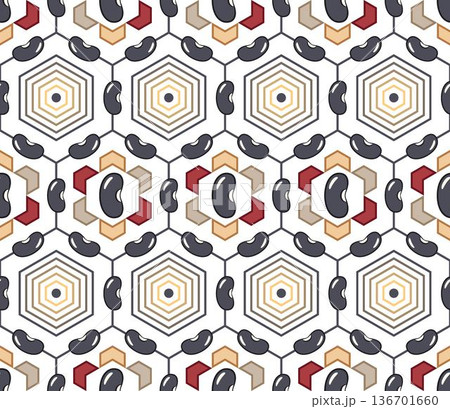 Seamless geometric pattern of black kidney beans. Elements are arranged horizontally on hexagonal grid on transparent background. Minimalist vector icons, flat design. For food packaging 136701660