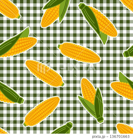 Seamless maize pattern on checkered gingham...のイラスト素材 [136701663] - PIXTA