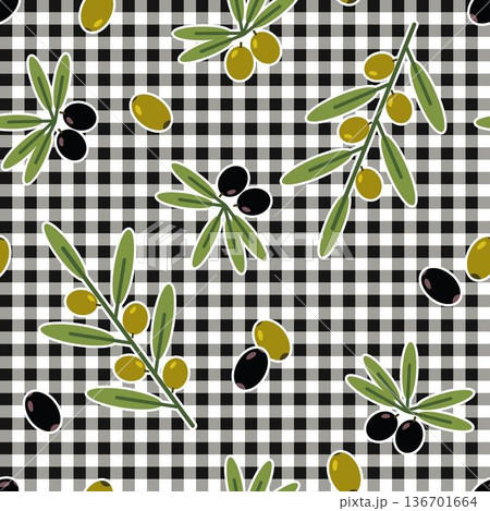 Seamless pattern with scattered olive berry on checkered gingham background. Randomly scattered fruits, olive branch. Flat style. Suitable for food packaging, kitchen textiles, rustic branding Seamless pattern with scattered olive berry on checkered gingham background. Randomly scattered fruits, olive branch. Flat style. Suitable for food packaging, kitchen textiles, rustic branding 136701664