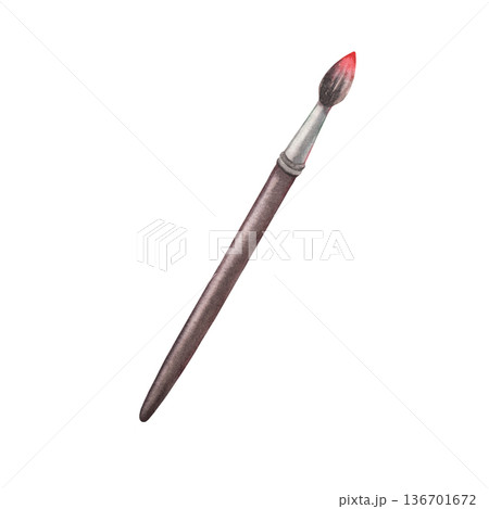 Round paintbrush with red paint on the tip. Hand-painted watercolor illustration isolated on white for art branding, creative paining workshops, school materials, packaging, posters, craft designs 136701672