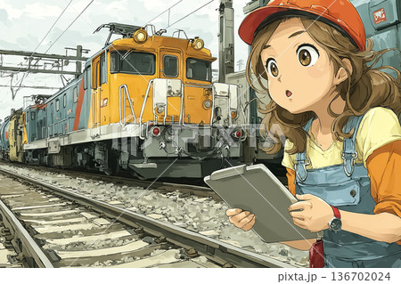 貨物列車を点検する女性鉄道スタッフ タブレットで物流管理を行う現場業務シーン(鉄道輸送・インフラ・D 貨物列車を点検する女性鉄道スタッフ タブレットで物流管理を行う現場業務シーン(鉄道輸送・インフラ・D 136702024