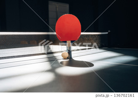 Near to the white net. Racket and ball are on the tennis table indoors Near to the white net. Racket and ball are on the tennis table indoors 136702161