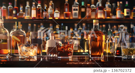 Different bitters and liqueurs on table in bar background - Ai Generated Different bitters and liqueurs on table in bar background - Ai Generated 136702372