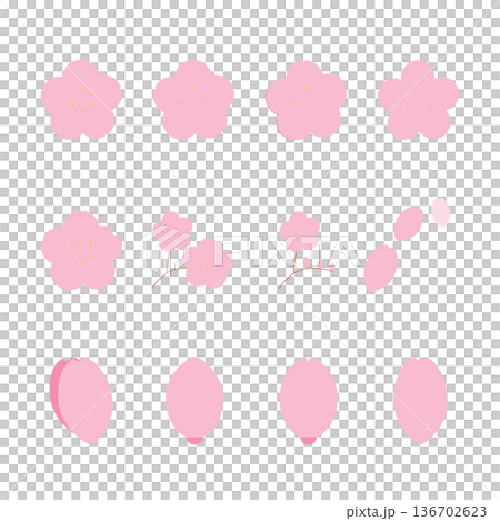 簡約櫻花圖示集：包含花朵、花蕾、花瓣和枝條等春季元素（扁平化設計） 136702623