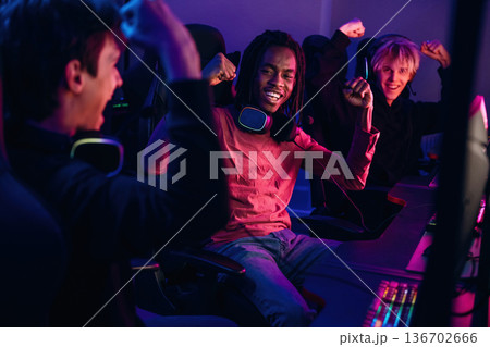Team has won. Gamers are playing video game by computers 136702666