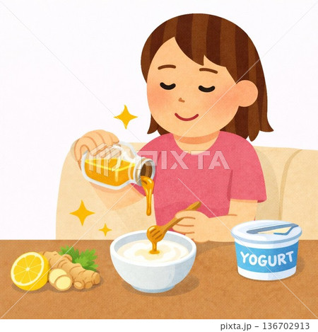ヨーグルトにはちみつをかけている女性 136702913