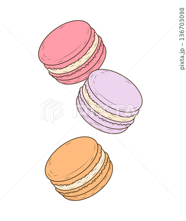 Three colorful macarons are shown in a clean hand drawn flat vector style. This sweet French dessert object is ideal for bakery branding, cafe menus, packaging, web graphics and print design. 136703098