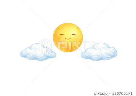 太陽 雲 かわいい 水彩 天気 キャラクター イラスト 切り抜き素材 136703171