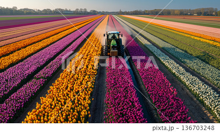colorful tulip fields with tractor during spring agriculture in Netherlands 136703248
