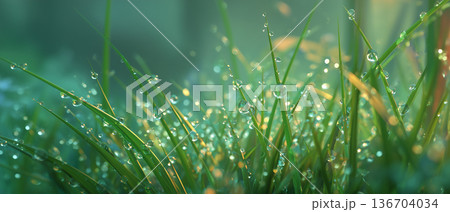 Grass with rain drops. Watering lawn. Rain. Blurred Grass Background With Water Drops closeup 136704034