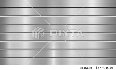 Brushed metal technology background with polished chrome texture, silver, steel, aluminum and horizontal stripes with bevels for design concepts, web, prints, wallpapers. Vector illustration 136704036