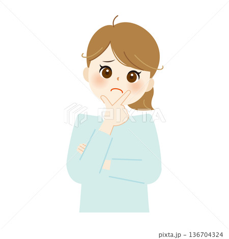 あごに手を当てて悩む女性のイラスト　困り顔・不安・思案03 136704324