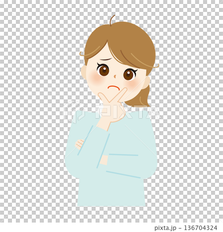 あごに手を当てて悩む女性のイラスト　困り顔・不安・思案03 136704324