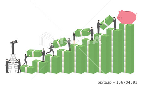 Business leader with megaphone directing team to build financial growth and wealth success with piggy bank 136704393