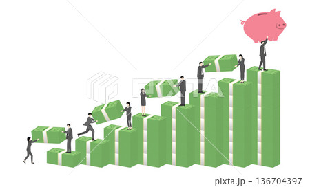 Business team success with financial growth chart stacking banknotes to reach piggy bank goal 136704397