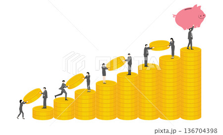 Corporate team building wealth with growing gold coin stacks chart towards financial saving goal 136704398